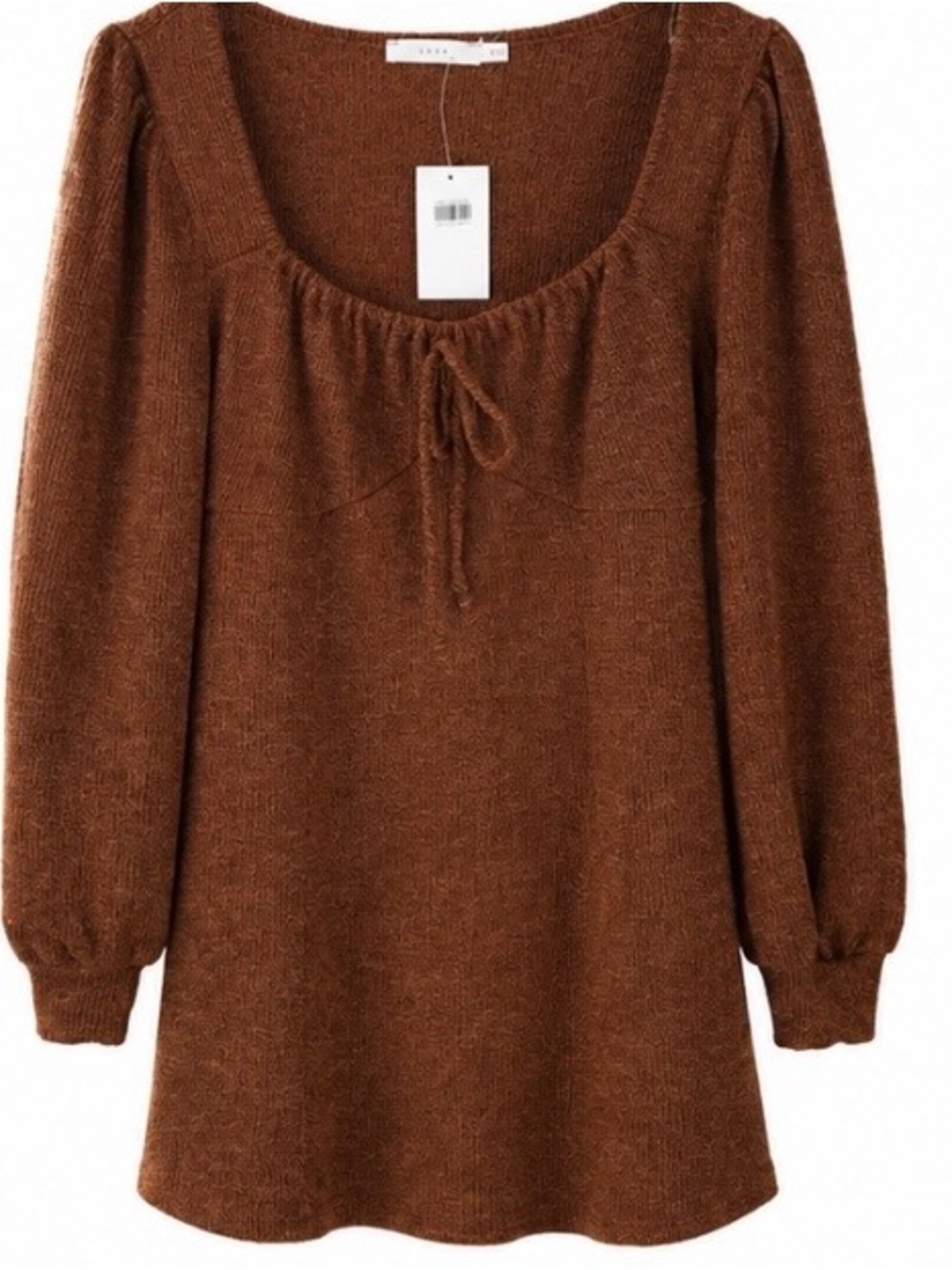 Lush Brown Scoop-Neck Tie-Front Knit Sweater
